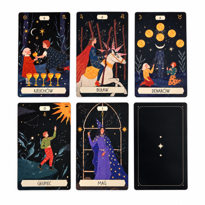 Tarot Zodiaku – karta Dziesięć Denarów z astrologicznymi symbolami