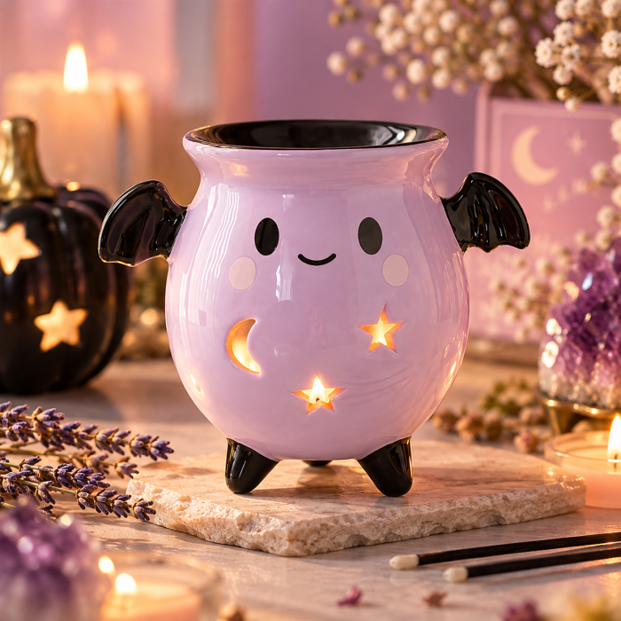 Ceramiczny kominek zapachowy Pastel Bat Brew Cauldron z zapaloną świeczką, różową powierzchnią i czarnymi detalami