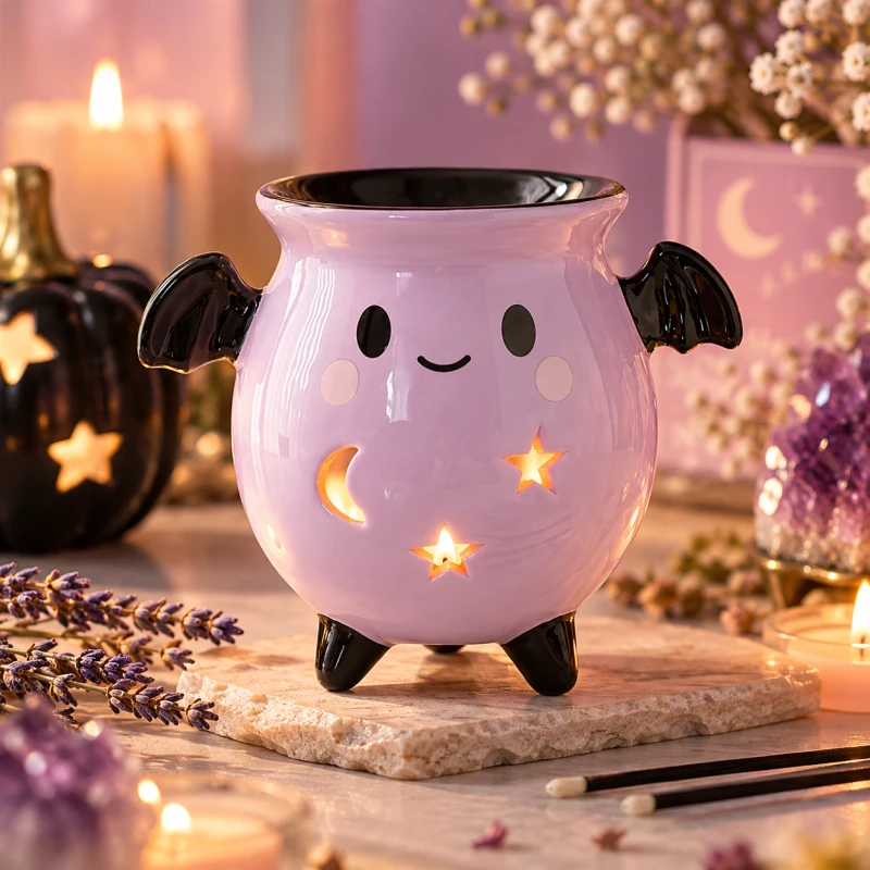 Ceramiczny kominek zapachowy Pastel Bat Brew Cauldron z zapaloną świeczką, różową powierzchnią i czarnymi detalami