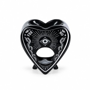 Czarny ceramiczny kominek zapachowy Planchette w kształcie serca z białym motywem oka, gwiazd i napisami YES oraz NO