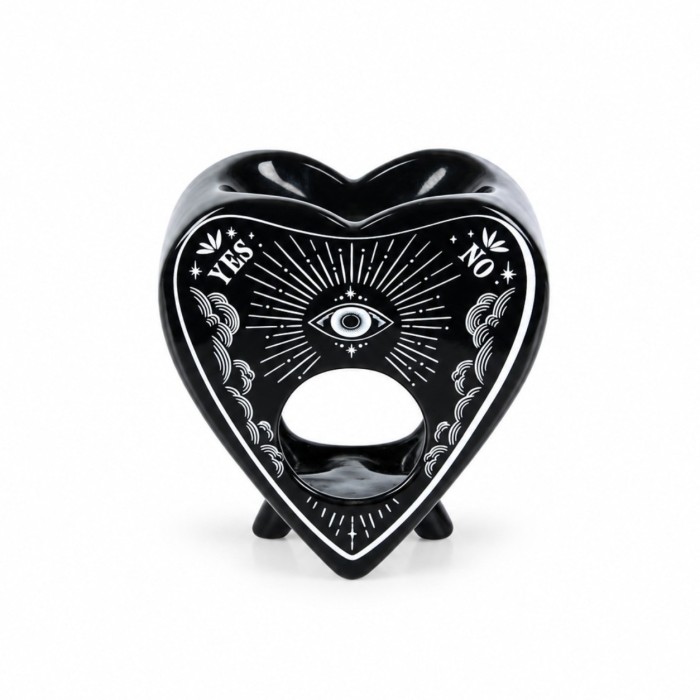 Czarny ceramiczny kominek zapachowy Planchette w kształcie serca z białym motywem oka, gwiazd i napisami YES oraz NO