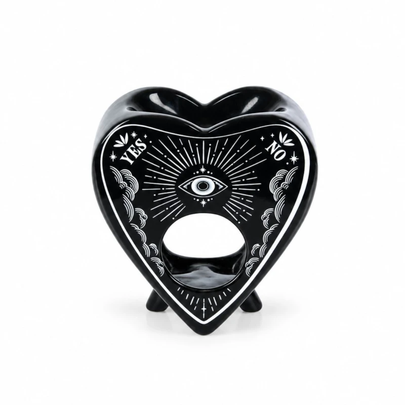 Czarny ceramiczny kominek zapachowy Planchette w kształcie serca z białym motywem oka, gwiazd i napisami YES oraz NO