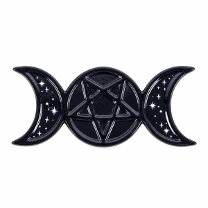 Czarna ceramiczna podstawka na kadzidełka patyczkowe Triple Moon z pentagramem i białymi gwiazdami