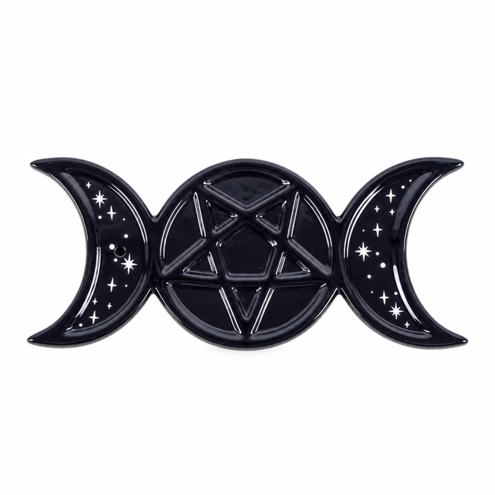 Czarna ceramiczna podstawka na kadzidełka patyczkowe Triple Moon z pentagramem i białymi gwiazdami