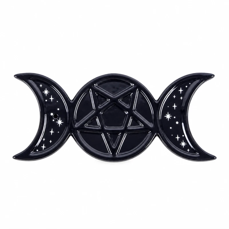 Czarna ceramiczna podstawka na kadzidełka patyczkowe Triple Moon z pentagramem i białymi gwiazdami