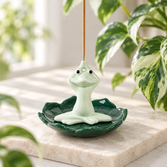 Podstawka Yoga Frog z ceramiki z kadzidłem patyczkowym – żaba w pozycji jogi
