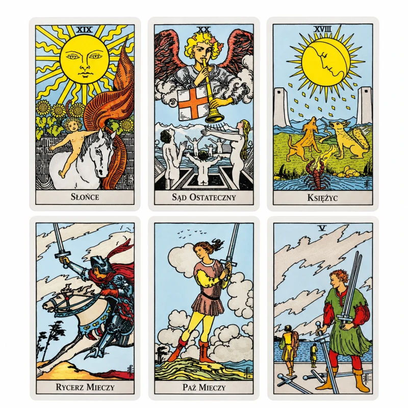 A.E. Waite Tarot z przewodnikiem Tarocistki Agiatis – karty Głupiec, Siła, Trójka Mieczy i Piątka Kielichów