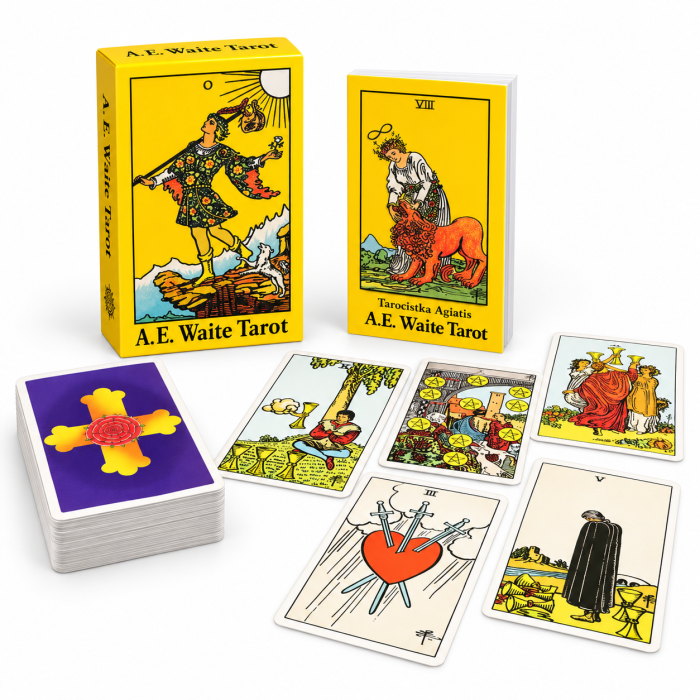 A.E. Waite Tarot – żółte pudełko, 78 kart i przewodnik Tarocistki Agiatis po polsku