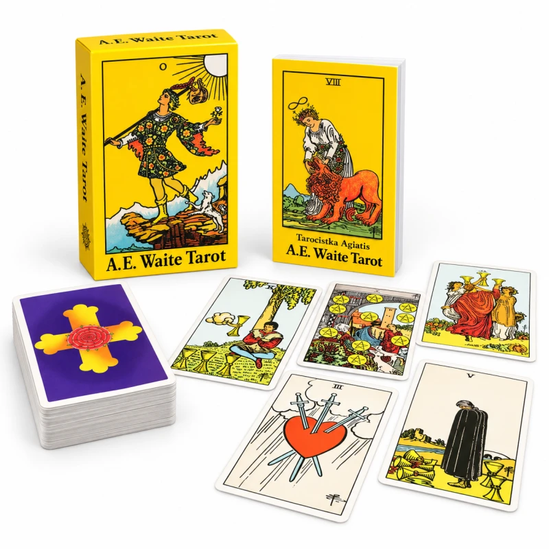 A.E. Waite Tarot – żółte pudełko, 78 kart i przewodnik Tarocistki Agiatis po polsku