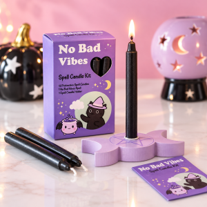 No Bad Vibes Spell Candle Kit – 12 czarnych świec parafinowych, podstawka i książeczka z zaklęciem