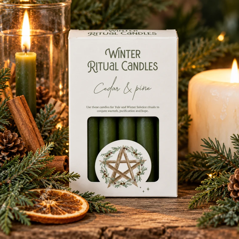 Winter Ritual Candles – zielone świece o zapachu cedru i sosny w zimowej aranżacji