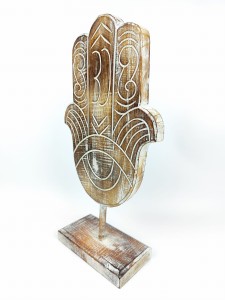Figurka Rzeźba Ręka Fatimy HAMSA drewniana większa  biały wzór 38cm 1.jpg