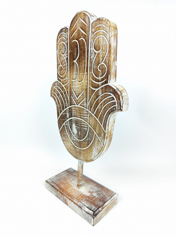 Figurka Rzeźba Ręka Fatimy HAMSA drewniana większa  biały wzór 38cm 1.jpg
