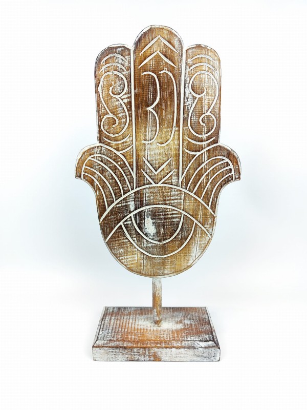 Figurka Rzeźba Ręka Fatimy HAMSA drewniana większa  biały wzór 38cm.jpg